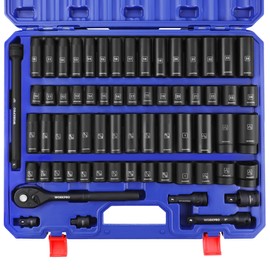 WORKPRO 1/2” Drive Impact Socket Set, 65PCS SAE(3/8”-1-1/4”) and Metric(10-24mm) Deep & Shallow Kit, Ratchet Handle, Extension Bar, Impact Universal Joint and Adapters for Automotive Repair