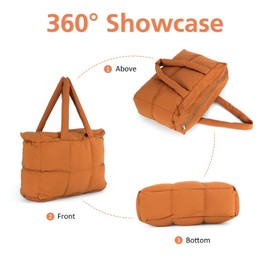 Jywmsc Buffer Tote Bag for Women Large Quilted Padded Handbags Lightweight Shoulder Bags for Travel Gym Shopping Work, brown