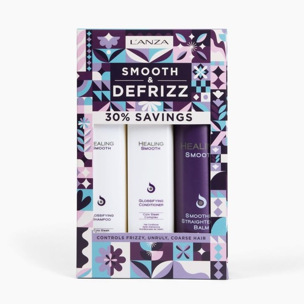 L'ANZA Healing Smooth Holiday Gift Set Trio, Glossifying Shampoo, Conditioner & Smoother Straightening Balm Leave-In Conditioner Hair Serum, Anti Frizz Hair Care in Gift Box (10.1/8.5/8.5 Fl Oz)