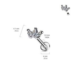 Pierced Owl 16G Stainless Steel Internally Threaded Triple Marquise CZ Crystal Top Flat Back Lip Cartilage Tragus Stud (Gold Tone, 8mm Barbell)