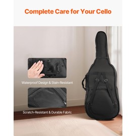 VEVOR 4/4 Full Size Cello Case, Anti-Scratch, Nylon Waterproof, Lightweight Portable Travel Carrying Bag, with Reinforced Handle, Dual Shoulder Straps, Professional Cello-Shape, for Cello, Black