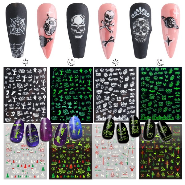 6 Sheets Party Luminous Nail Art Stickers, Santa Claus Snowman Christmas Tree Elk Ghost Snake Spider Web Skull & Crossbones Glow in The Dark Nails Decals, Christmas Eve Festival Holiday Nail Charms