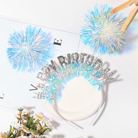 DIUEWOW Birthday Girl Headband Happy Birthday Crown Hair Hoop Fashion Fluffy White Ball Happy Birthday Letters Design Hair Accessories for Women Girls Party Birthday