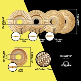 DARTOTEK Wood Carving Disc Grinder Wheel Disc 100mm Flat/bevelled/curved and 75mm Grinder Cutting Wheel right angled plane for Wood Cutting Grinding Shaping,5pcs Arbor 22.23MM