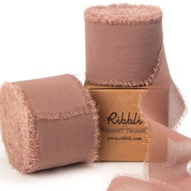 Ribbli Antique Mauve Chiffon Ribbon 1-1/2 inch x 20 Yard Handmade Fringe Chiffon Silk Ribbon,Black Ribbon for Wedding Invitations, Bridal Bouquets Wrapping, Flower Arrangement Decoration