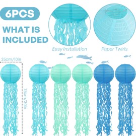 Jellyfish Paper Lanterns 6 Pacs 10 Inch Under The Sea Party Decorations Mermaid Party Baby Shower Blue Hanging Jelly Fish for Ocean Spongebob Birthday Decorations (Classic Color)