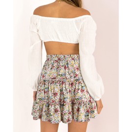 Alelly Women's Summer Cute High Waist Ruffle Skirt Floral Print Swing Beach Mini Skirt