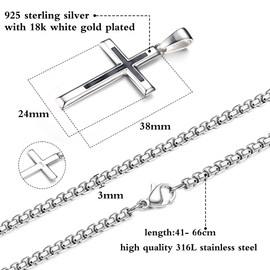 JeweBella Cross Necklace for Men Women 925 Sterling Silver Black Cross Pendant With 3MM Wide Stainless Steel Round Box Chain Highly Polished Beveled Edge Cross Pendant Necklace Length 41-66CM