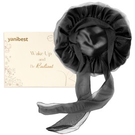 YANIBEST Silk Bonnet for Sleeping Women, Satin Lined Hair Bonnet with Breathable Tie Band for Curly Hair, Head Wrap Cap, Black