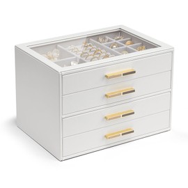 Vlando 4-Drawer Jewelry Box with Glass Lid, Faux Leather Organizer for Rings, Earrings, Necklaces and More, Gift-Ready Jewelry Case for Women Girls or Moms, White