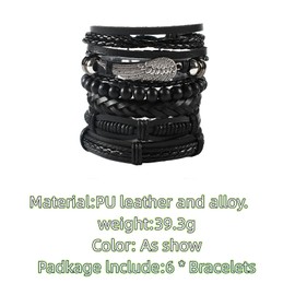 GAUEIOUR Punk Braided Leather Bracelets Set, Woven Cuff Vintage Bracelets Wrap Set Series, 6Pcs Adjustable Fashion Punk Men & Women Rope Bracelet
