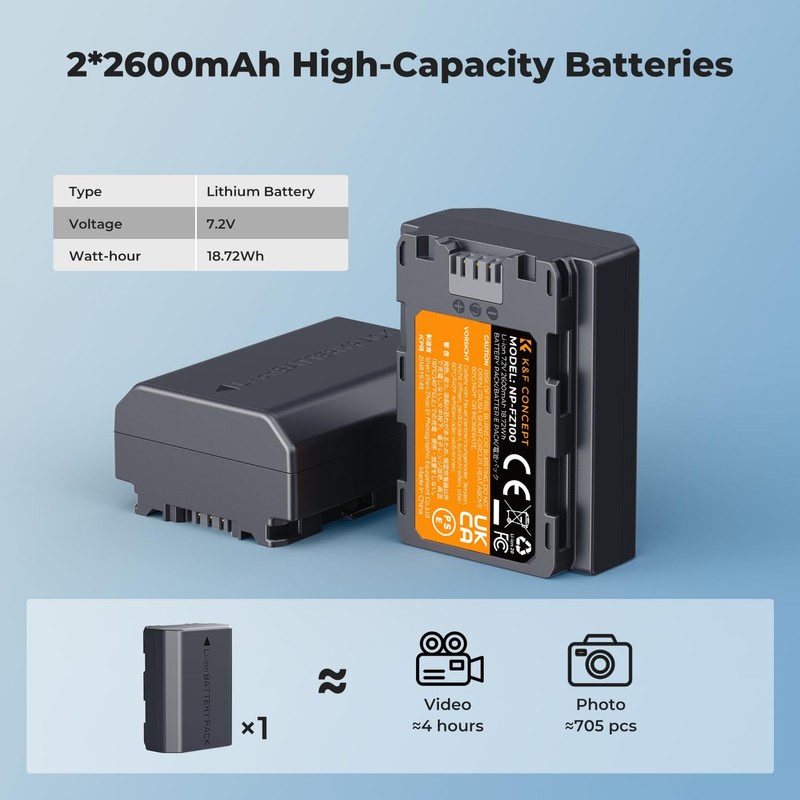 K&F CONCEPT 2600mAh NP-FZ100 Battery and Charger Set, Compatible with