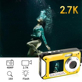 Cámara Digital a Prueba de Agua, Full HD 48MP Imagen 2.7K Video Cámara Submarina de 10 Pies, Selfie Pantalla Dual Pantallas LCD a Todo Color, Zoom Digital 16X, Grabadora de Video para(Amarillo)