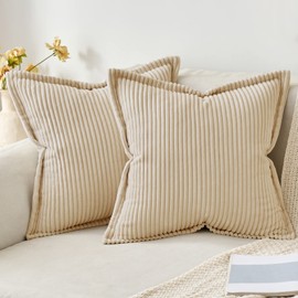 MIULEE Corduroy Cushion Cover, Soft Cushion Cover, Decorative Sofa Cushion, Square Decorative Cushion, Modern Decorative Cushion Cover, Striped Cushion Covers for Living Room, Bedroom, Pack of 2, 40 x 40 cm, Beige