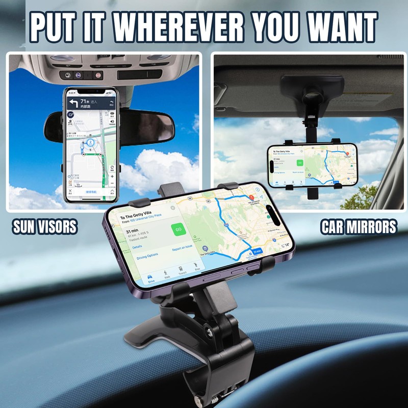 Hovom Rear View Mirror Phone Holder for Car, Clip-On Cell