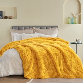 GONAAP Fuzzy Faux Fur Throw Blanket Queen Size Mustard Yellow Super Soft Cozy Plush Fuzzy Shaggy Blanket for Couch Sofa Bed (Mustard Yellow, Queen(90"x90"))