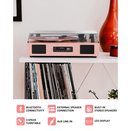Vinyl Record Player Vintage Wireless Bluetooth Record Player with Enhanced Speakers, USB Recording, LP Player with 3-Speed Belt Drive Turntable Support RCA Line-Out AUX Input EQ,Pink