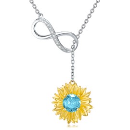 Diamond Sunflower Necklace with March Aquarmarine Birthstone 925 Sterling Silver Lab Grown Diamond Infinity Sunflower Lariat Pendant Your are My Sunshine Necklaces for Women