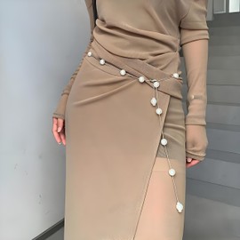 Waist Chain Belt for Women Sun Moon Chain Belt Adjustable Pearl Chain Belt Wedding Prom Jewelry Accessories (Pearl)