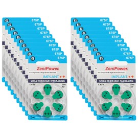 ZeniPower Mercury Free (0% Hg) Extra High Power Cochlear Implant BTE Speech Processor Batteries Zinc Air 1.4V Size 675P, 675CI, Implant Plus (120 Batteries)