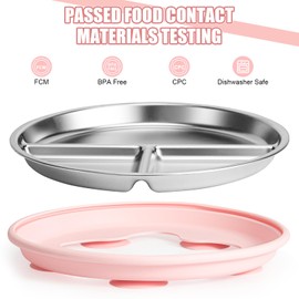 Yoshiky Stainless Steel Kids Plates (2 Pack) 9 Inch Toddler Divided Plates Bowls with ﻿Removable Silicone Sleeves & 5 Suction Cups Baby Self Feeding, Dishwasher Safe