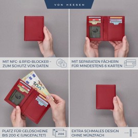 VON HEESEN® Men's Leather Wallet with Coin Compartment and RFID Protection, Genuine Leather Wallet for Men and Women, Wallet, red, Without coin compartment