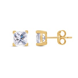 SAVEARTH DIAMONDS 4-Prong Solitaire Style, 3.5MM Princess Cut Lab Created Moissanite Diamond Stud Earrings For Womens In 18K Yellow Gold Over Sterling Silver (D Color, VVS1 Clarity, 0.50 Cttw)