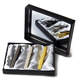 Guento Airus 3pc Mens Tie Bar Clip for Regular Necktie, Gold Silver Black with Luxury Gift Box Set