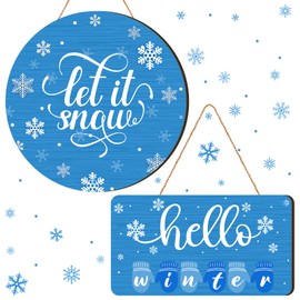 Chitidr 2 Pieces Snow Wooden Hanging Sign Winter Door Decoration Wreath Welcome Wood Sign Blue White Snowflake Door Wreath for Home Indoor Outdoor Farmhouse Wall Window Shop Decoration (Snowflake)