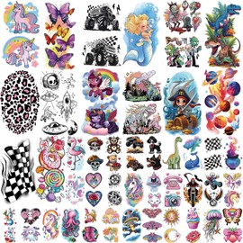 52 Pcs Temporary Tattoo for Kids Full Arm Mermaid Butterfly Cat Truck Dinosaur Rocket Planet Cute Animal Body Face Fake Arm Tattoos for Girls Boys Tiny Tattoo Stickers Birthday Gifts Party Supplies