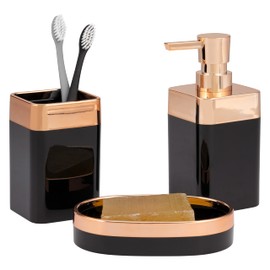 bremermann Savona Bathroom Set 3-Piece Plastic Black Rose Gold Soap Dish Soap Dispenser Cup
