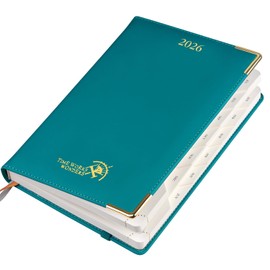 POPRUN Daily Planner 2026 (A5 Size-5.75" x 8.5") One Page Per Day Planner with Vegan Leather Hardcover - Agenda 2026 (Jan-Dec) Page A Day Calendar Book with Monthly Tabs, Inner Pocket TJ-Pacific Green