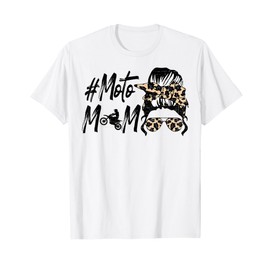 Cute Mothers Day Moto Mom Motocross Leopard Print Messy Bun T-Shirt