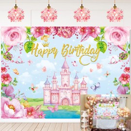 Princess Birthday Party Backdrop Pink Floral Castle Photography Background for Girls Kids Baby Shower Birthday Party Decorations Backdrop (8x6FT: 96x72 inch)