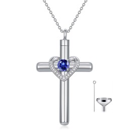 AOBOCO Cross Necklace for Ashes, Sterling Silver Birthstone Cross Urn Necklaces for Ashes Embellished with Crystals from Austria Keepsake Cremation Jewelry for Pet Human Ashes, normal, Sterling