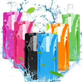 Snowtain Pack of 6 Foldable Drinking Bottles, 480 ml, Reusable Foldable Water Bottle Set, Portable Foldable Water Bag with Carabiner, Unisex, Suitable for Mountaineering, Adventure and Travel