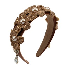 Florate Big Wide Crystal Flower Headband for Women Pearl Rhinestone Butterfly Leaf Padded Velvet Elegant Floral Hairband (H1097-brown)