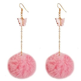 Colorful Faux Fur Fluffy Ball Earrings for Women - Butterfly Pom Pom Pendant Dangle Drop Earrings - Handmade Soft Plush Pink (Pink Fur Ball Earring)