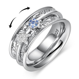 Turtle Ring 925 Sterling Silver Starfish Anxiety Fidget Ring Sea Animal Stress Ring Ocean Fidget Spinner Ring Anxiety Worry Rings Figette Ring Sea Turtle Gifts for Women Jewelry Decor for Turtle Lovers Women Men