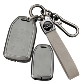 ontto 4-Button Smart Remote Key Holder Fit for Chevy Car Accessories,for Silverado 1500 2500HD 3500HD Tahoe Suburban,Metal and Leather Car Key Bag with Full Protection,Grey