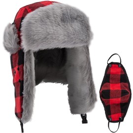 NONMON Unisex Winter Aviator Hat with Ear Flaps and Windproof Removable Face Mask, Warm Faux Fur Hat, Bomber Hat, Women and Men, Trapper Hat for Skiing, Outdoor Activities, black red