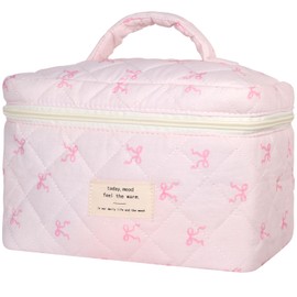 AMULOKRU Quilted Makeup Bag Cute Cosmetic Bags for Women Large Capacity Floral Coquette Aesthetic Patchwork Travel Toiletry Make Up Organizer Bag-pink