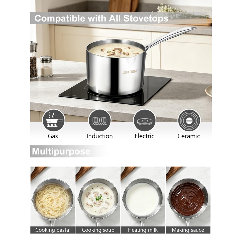 VENTION Tri-Ply Stainless Steel Saucepan with Glass Strainer Lid, 3