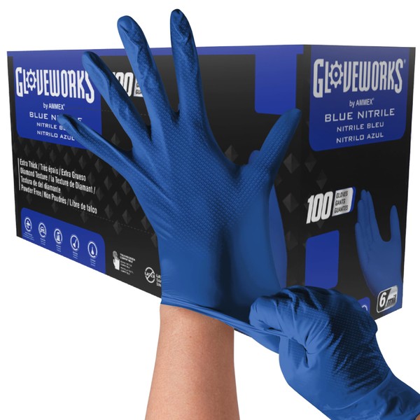 GLOVEWORKS HD Royal Blue Nitrile Industrial Disposable Gloves, 6 Mil Latex-Free, Raised Diamond Texture, Medium, Box of 100