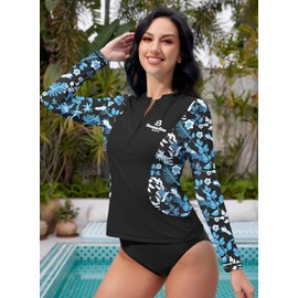 Women Crewneck Rash Vest Quick Dry UPF 50+ Long Sleeve 1/4 Zip Swimming Tops Black & Floral M