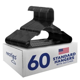 Neaties American Made Black Plastic Hangers with Notches, Plastic Clothes Hangers Ideal for Everyday Use, Clothing Standard Hangers, 60pk