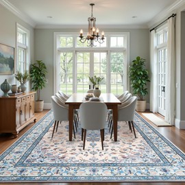 Zentavio Area Rugs 6x9 Washable Non-Slip Kid & Pet Friendly Living Room Carpets Vintage Floral Foldable Thin Low Pile Rug for Bedroom Kitchen Dining Room Blue