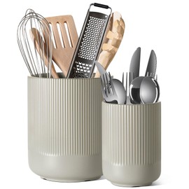 LE TAUCI Utensil Holder, 7.3"+5.4" Ceramic Kitchen Utensil Holder for Countertop, Large Cooking Utensil Crocks for Kitchen Counter, Morden Utensil Organizer for Spatula, Set of 2, Oatmeal Gray