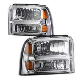 CHEDA Headlights Assembly Replacement for 2005-2007 Ford F250 F350 F450 F550 Super Duty/2005 Excursion Chrome Housing Clear Lens Lamp (White cover white frame orange reflector)