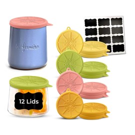 Super and Simple La Fermiere Yogurt Jar Lids | Choose 4 or 12-Piece Sets, Bamboo Wood or Silicone | Reusable, Durable, Food-Safe, Airtight & Spill-Proof Tops – 12 pcs Set Silicone Light Citrus Colors